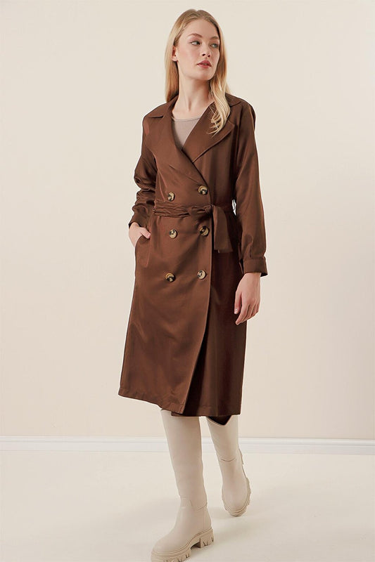 Women's Brown Double Breasted Collar Buttoned Trench Coat with Tie at the Waist