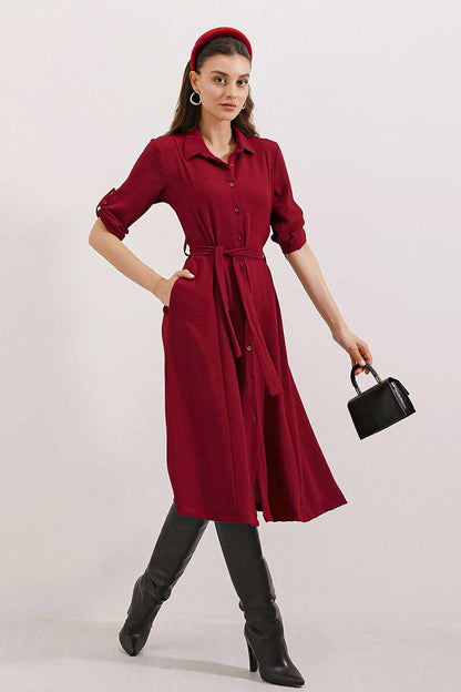 2442 Belted Shirt Dress - Claret Red