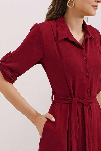 2442 Belted Shirt Dress - Claret Red