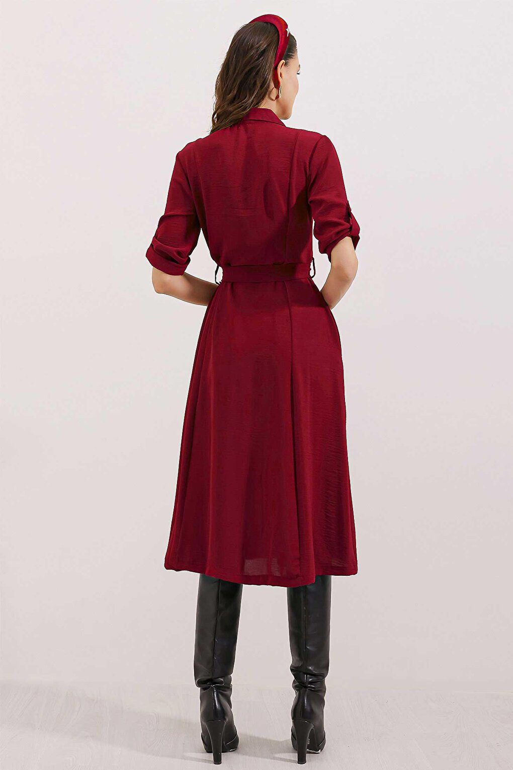 2442 Belted Shirt Dress - Claret Red