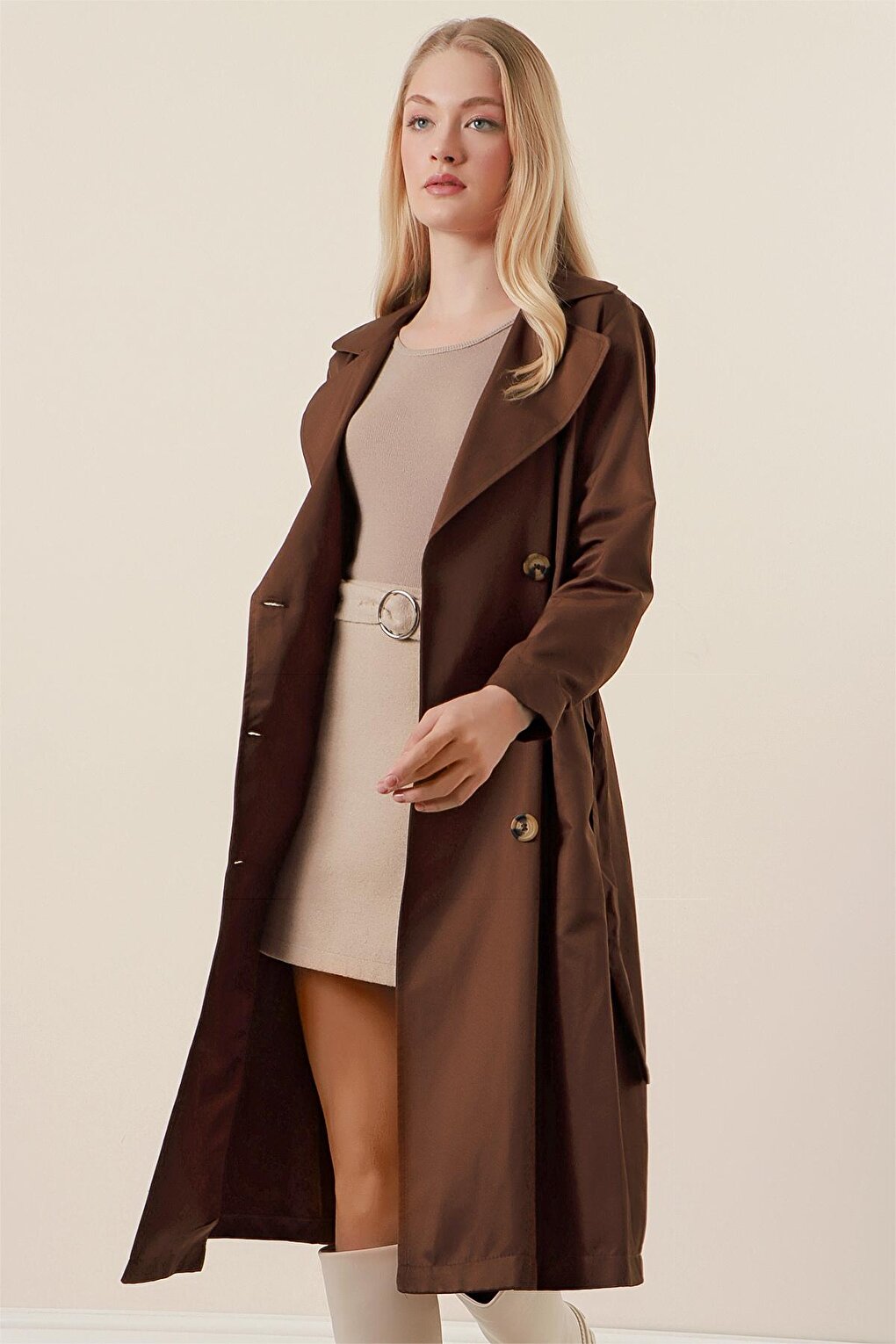 Women's Brown Double Breasted Collar Buttoned Trench Coat with Tie at the Waist