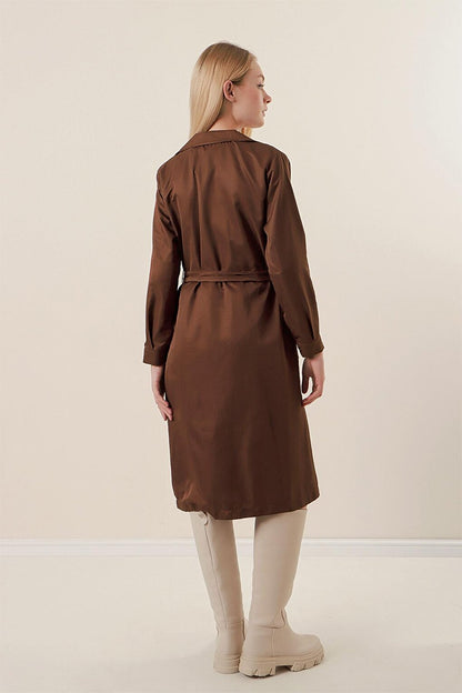 Women's Brown Double Breasted Collar Buttoned Trench Coat with Tie at the Waist