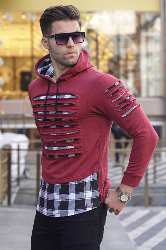 Claret Red Ripped Detailed Hooded Sweatshirt 2656