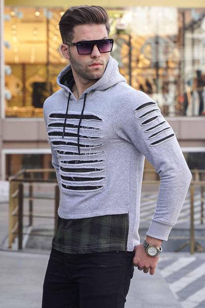 Gray Ripped Detailed Hooded Sweatshirt 2656