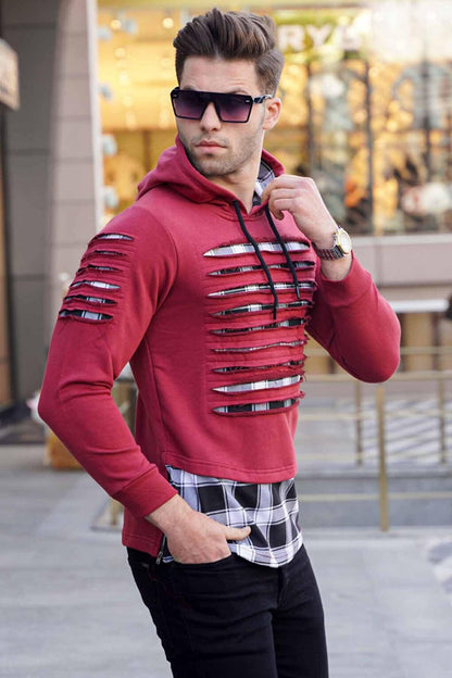 Claret Red Ripped Detailed Hooded Sweatshirt 2656