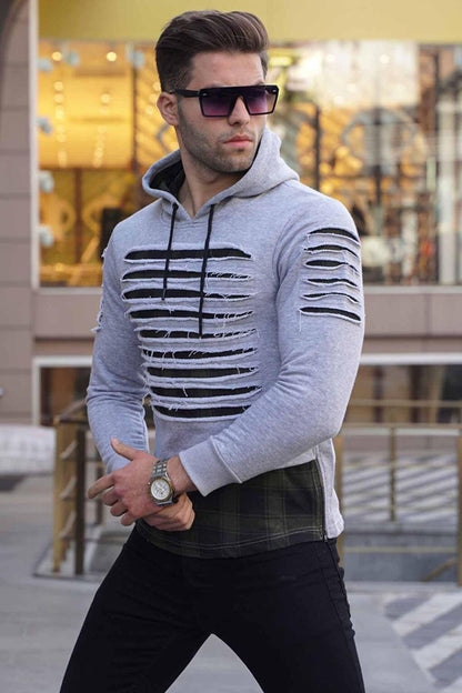 Gray Ripped Detailed Hooded Sweatshirt 2656