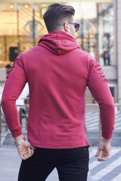 Claret Red Ripped Detailed Hooded Sweatshirt 2656