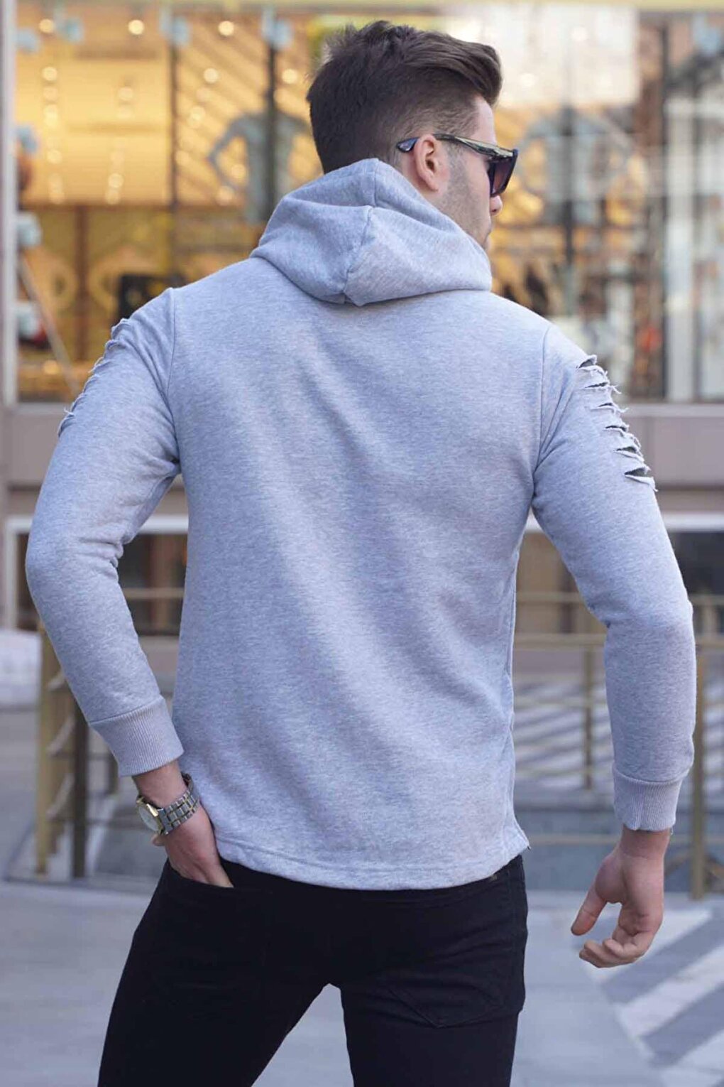 Gray Ripped Detailed Hooded Sweatshirt 2656