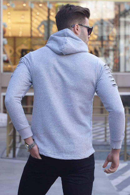 Gray Ripped Detailed Hooded Sweatshirt 2656