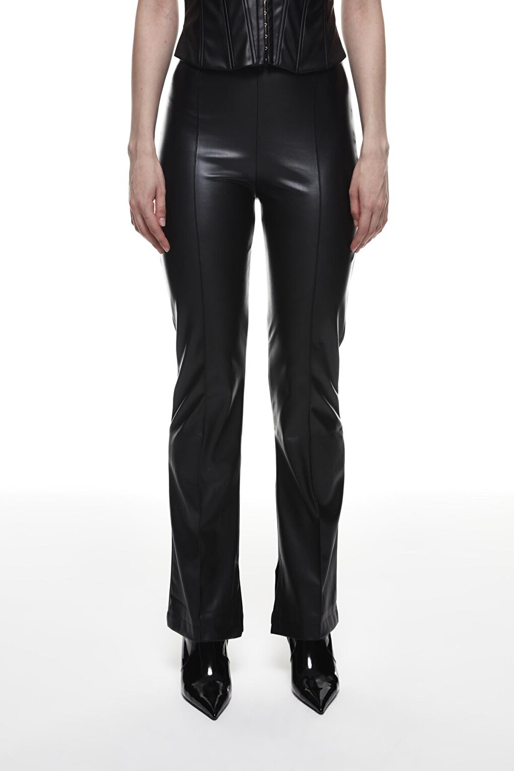 Slit High Waist Leather Trousers Black