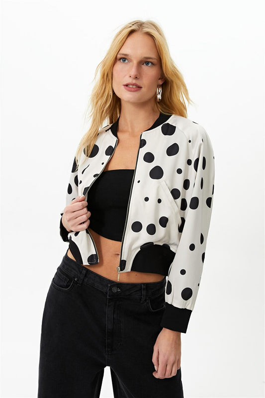 Ecru Polka Dot Patterned Bomber Jacket