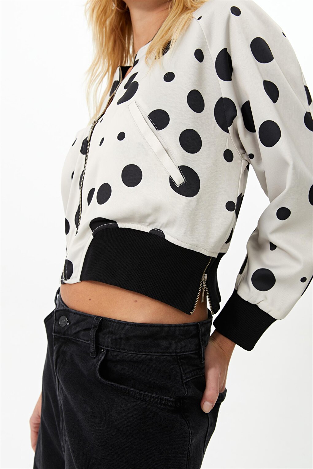 Ecru Polka Dot Patterned Bomber Jacket