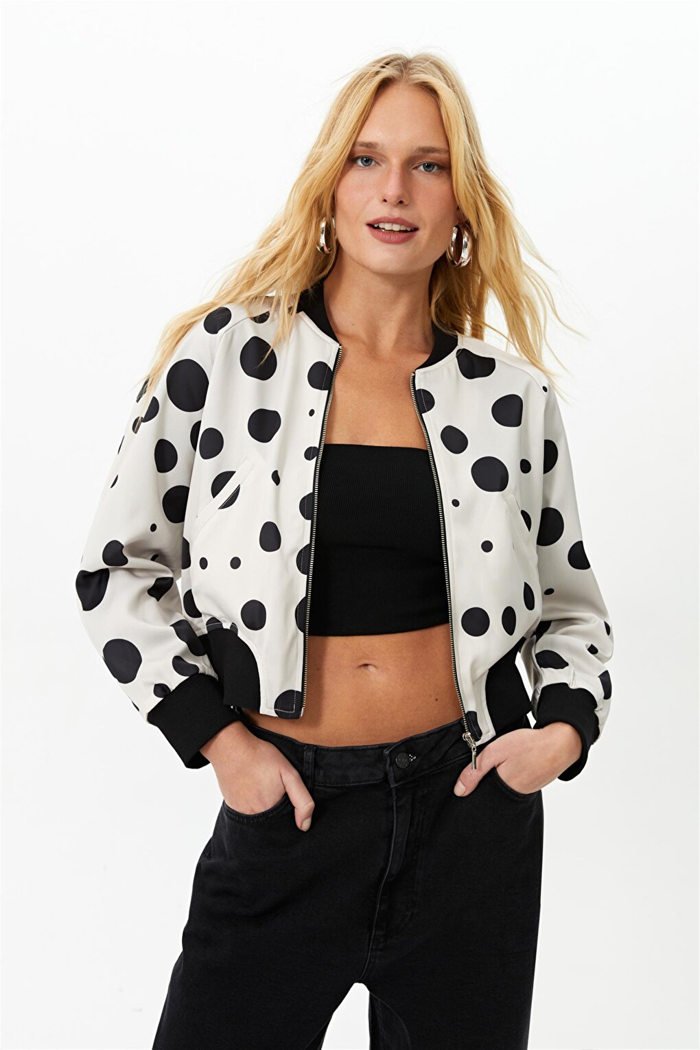 Ecru Polka Dot Patterned Bomber Jacket