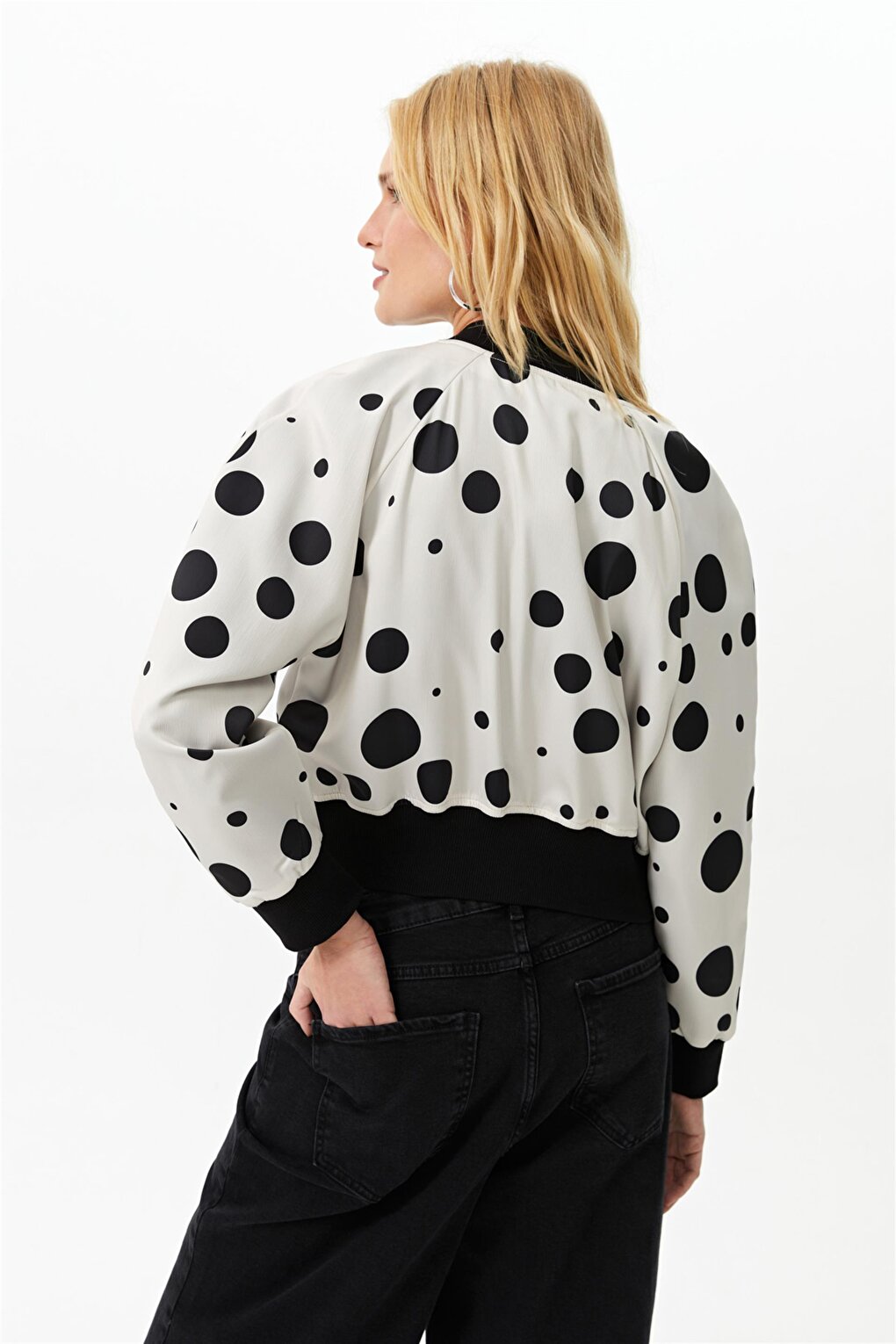 Ecru Polka Dot Patterned Bomber Jacket