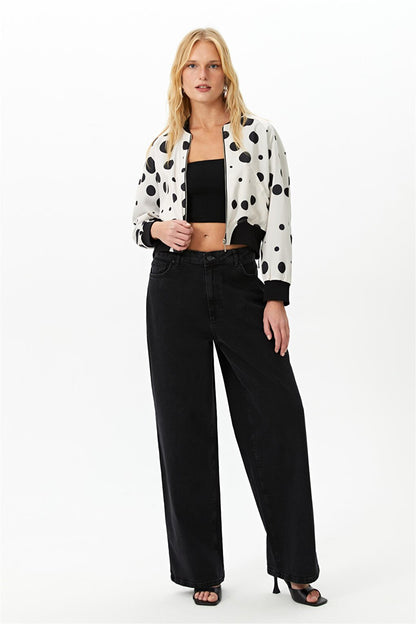 Ecru Polka Dot Patterned Bomber Jacket