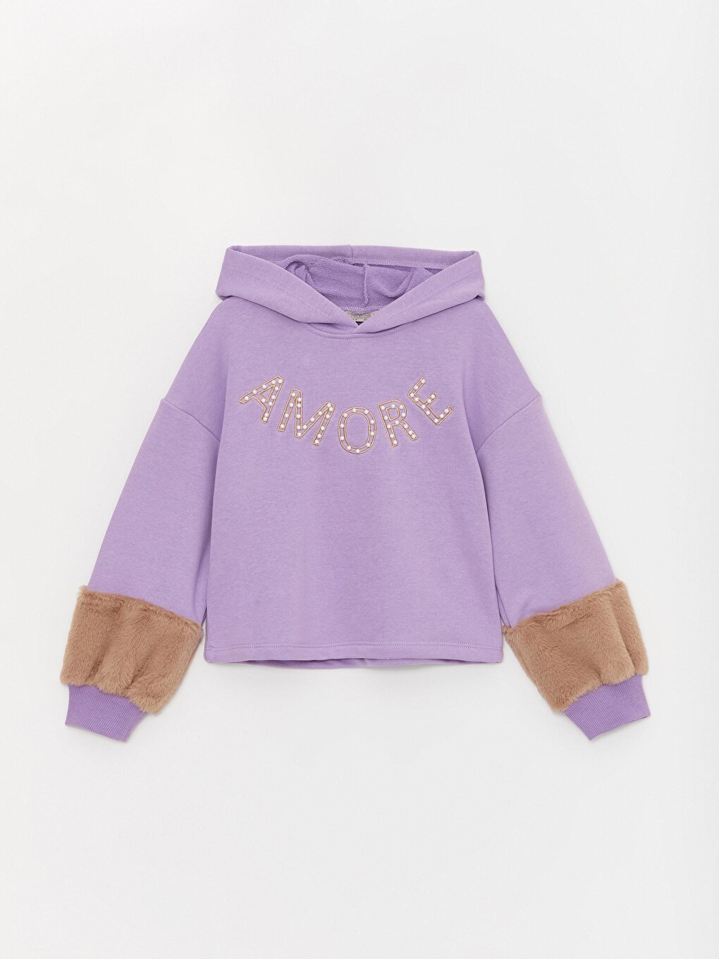 Girl's Furry Sleeve Hooded Waist Length Amore SweatShirt