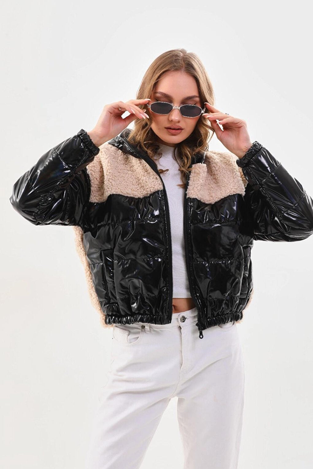 Women's Cream Black Patent Leather Zippered Inside Lined Crop Puffer Coat with Elastic Waist