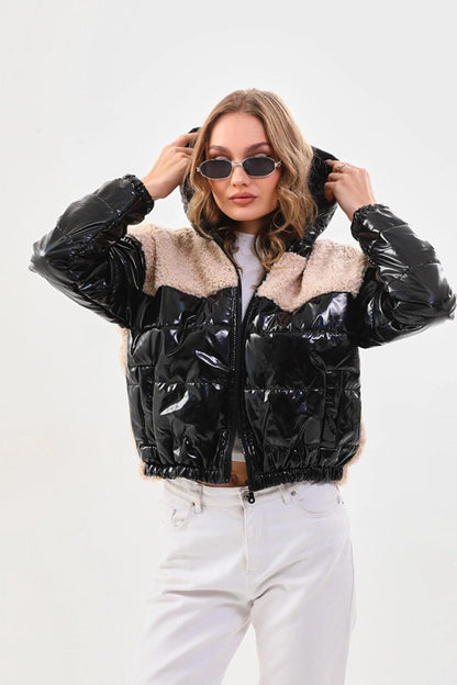 Women's Cream Black Patent Leather Zippered Inside Lined Crop Puffer Coat with Elastic Waist