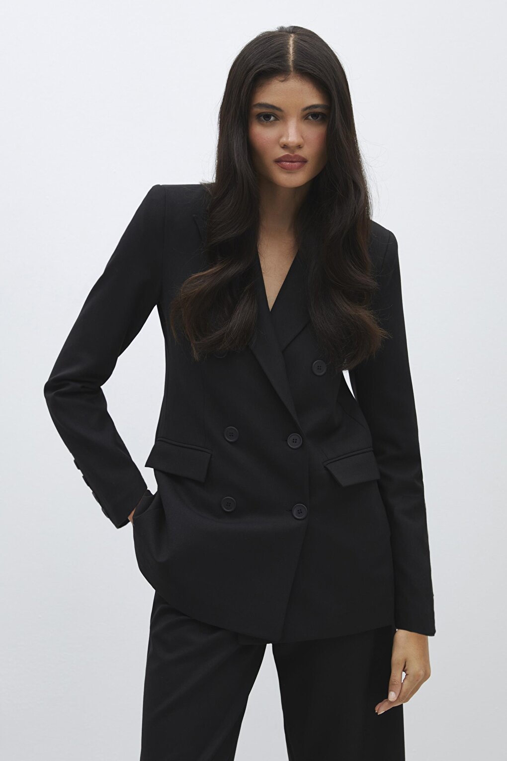 Black Double Breasted Woven Blazer