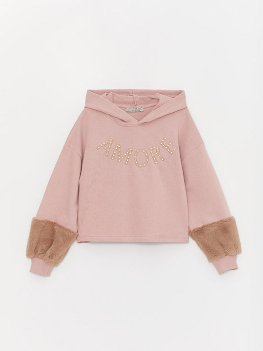 Girl's Furry Sleeve Hooded Waist Length Amore SweatShirt