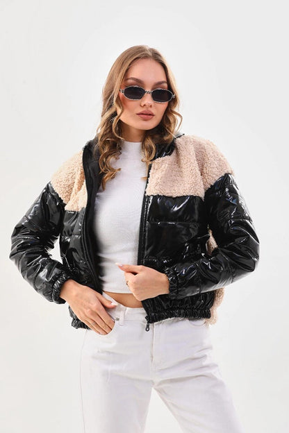 Women's Cream Black Patent Leather Zippered Inside Lined Crop Puffer Coat with Elastic Waist