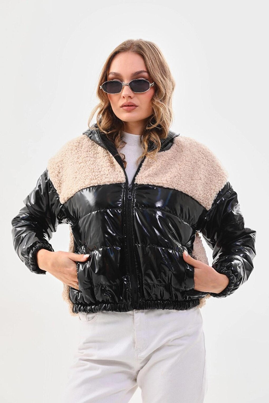 Women's Cream Black Patent Leather Zippered Inside Lined Crop Puffer Coat with Elastic Waist