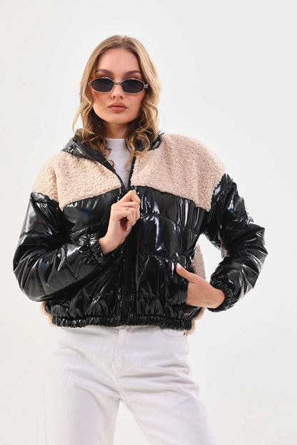 Women's Cream Black Patent Leather Zippered Inside Lined Crop Puffer Coat with Elastic Waist