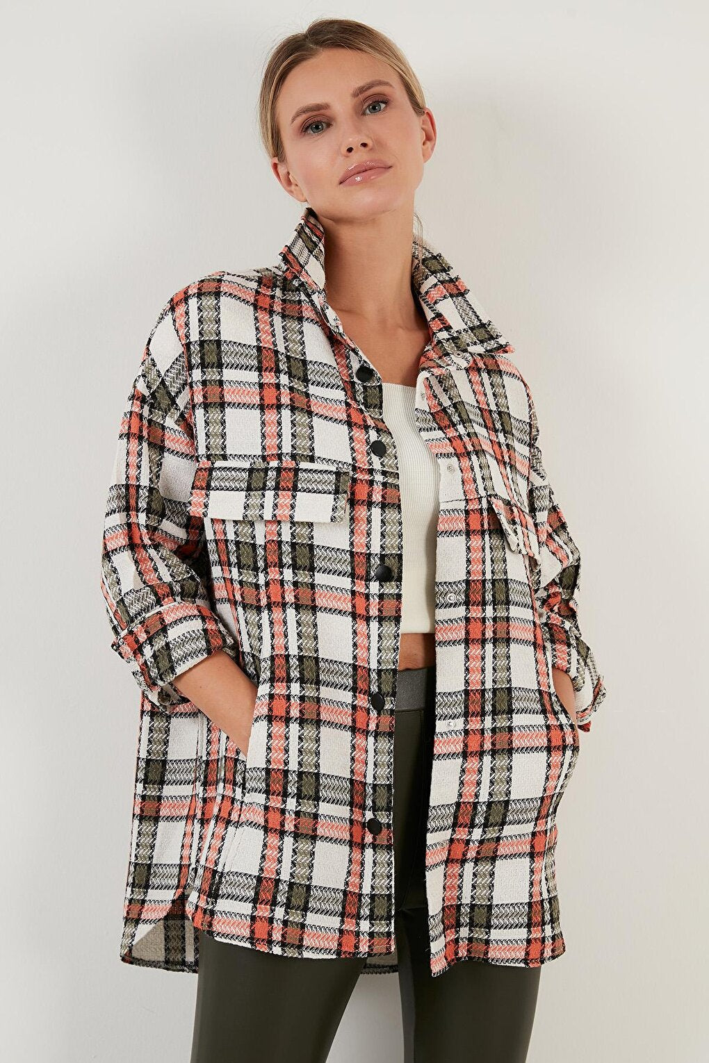 Cotton Plaid Oversize Long Winter Shirt with Pockets 6230182