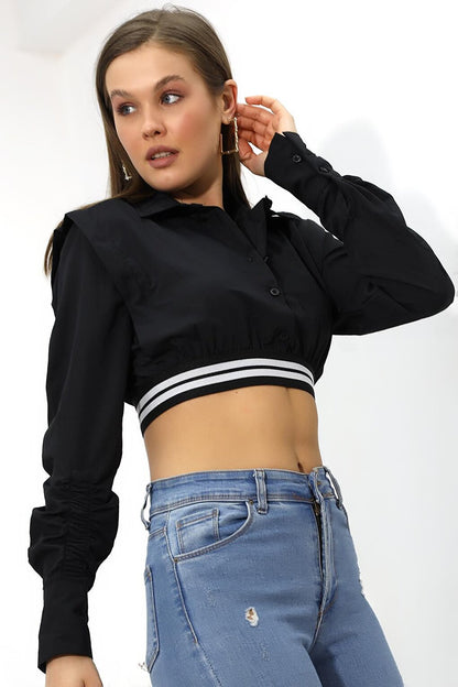 Women's Black Long Sleeve Crop Detailed Poplin Shirt HZL23W-DSB110091