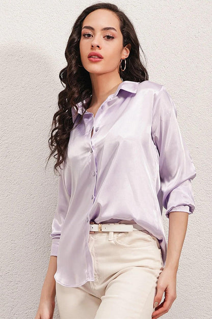 Women's Light Lilac Lightly Flowing Satin Surface Shirt HZL22W-BD139641