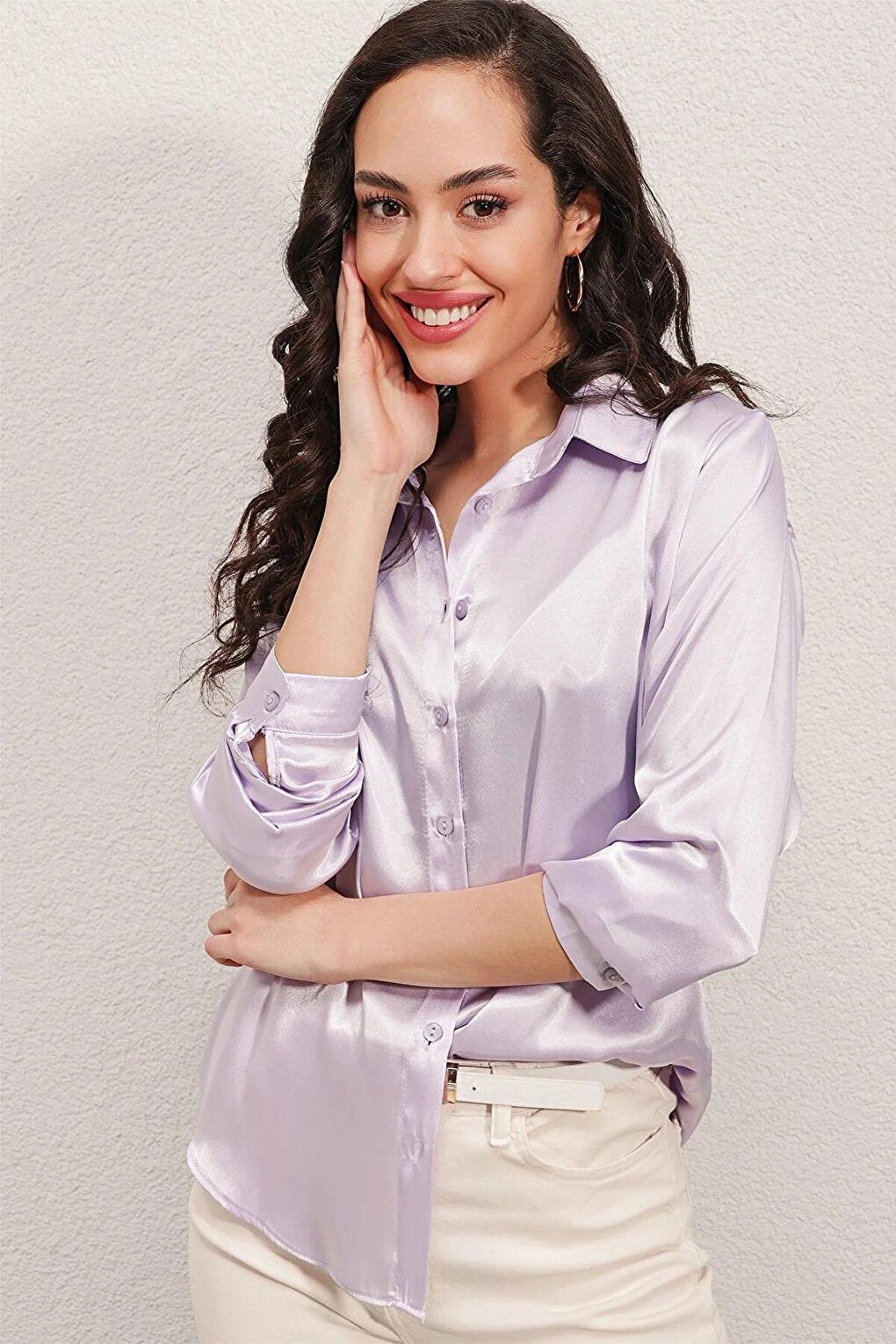 Women's Light Lilac Lightly Flowing Satin Surface Shirt HZL22W-BD139641