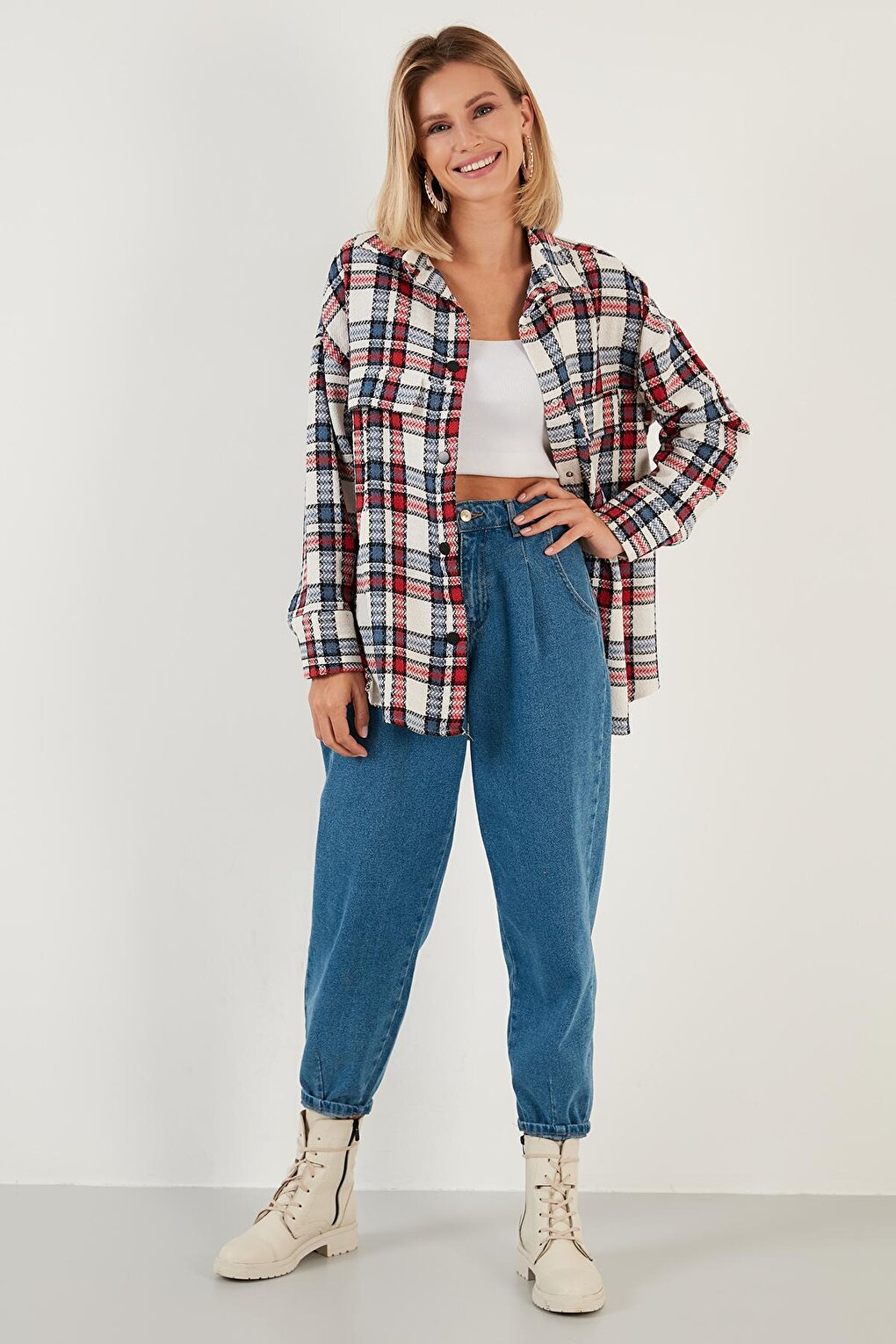 Cotton Plaid Oversized Winter Long Shirt with Pockets 6230182