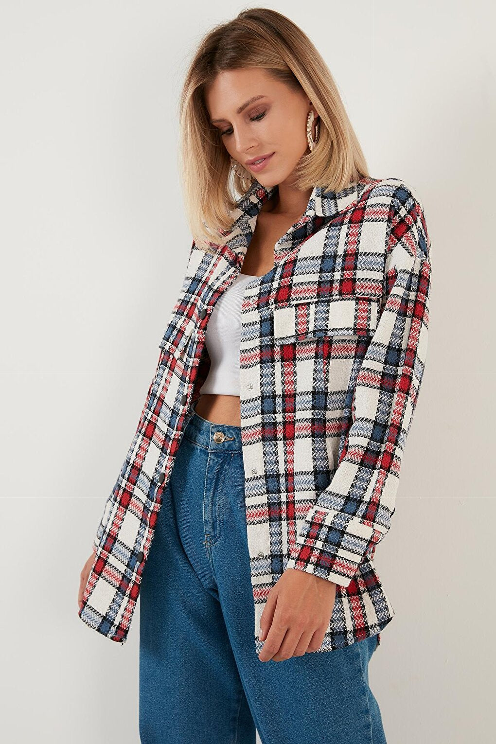 Cotton Plaid Oversized Winter Long Shirt with Pockets 6230182