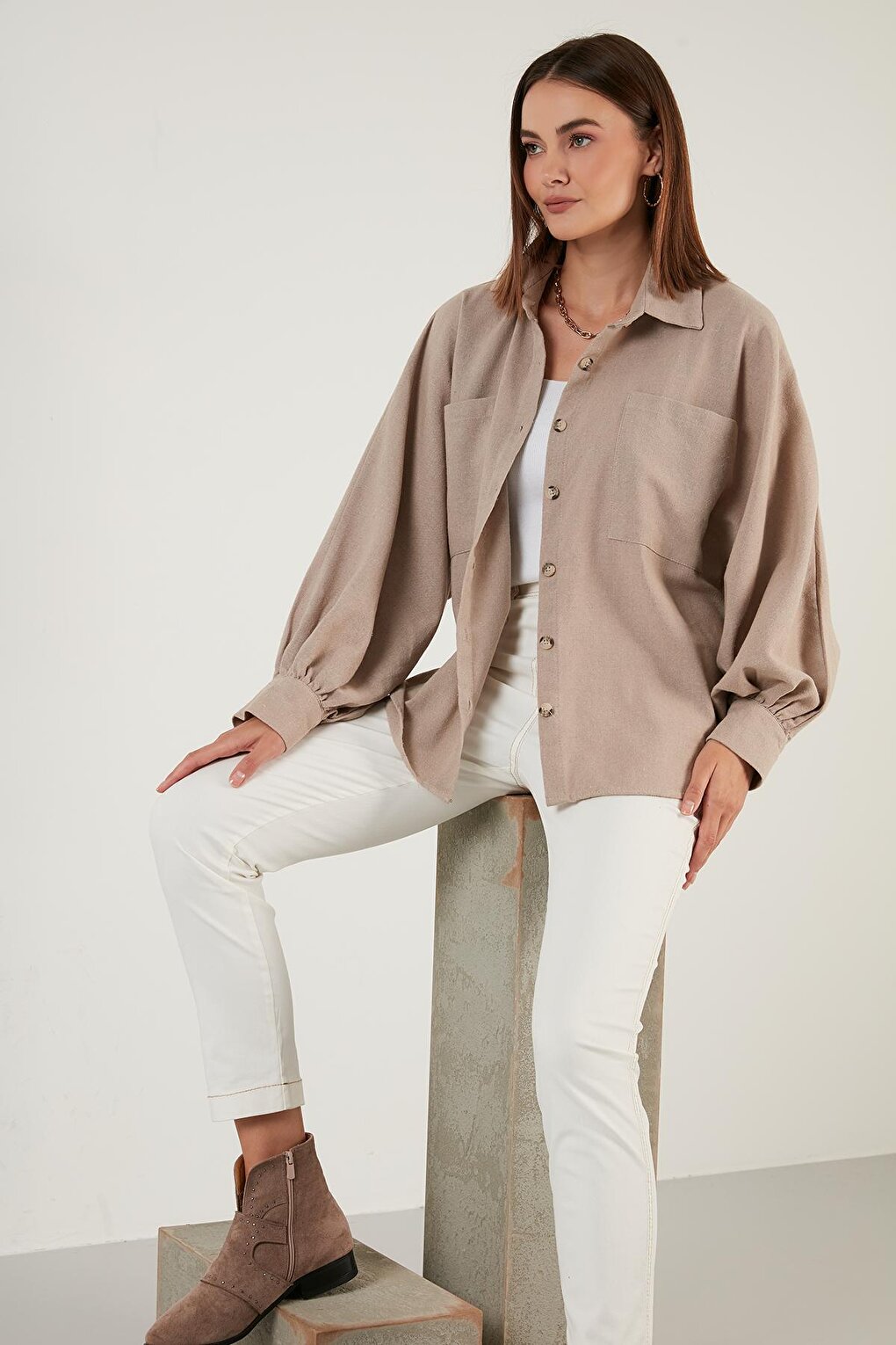 Cotton Pocket Balloon Sleeve Boyfriend Shirt 6230458