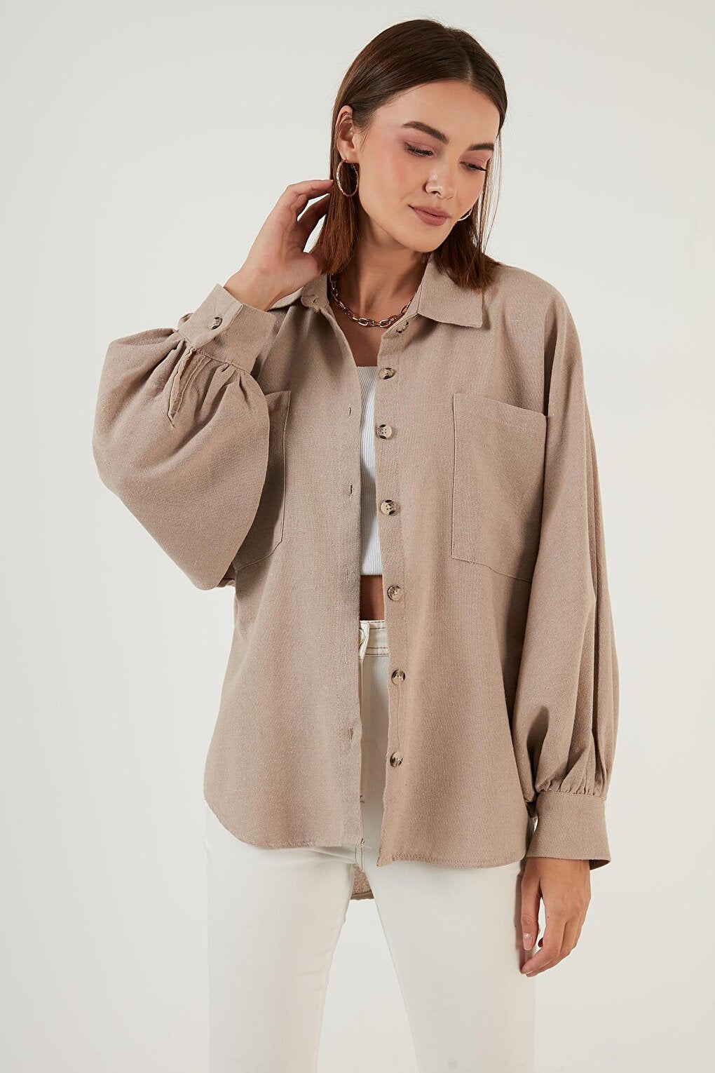 Cotton Pocket Balloon Sleeve Boyfriend Shirt 6230458