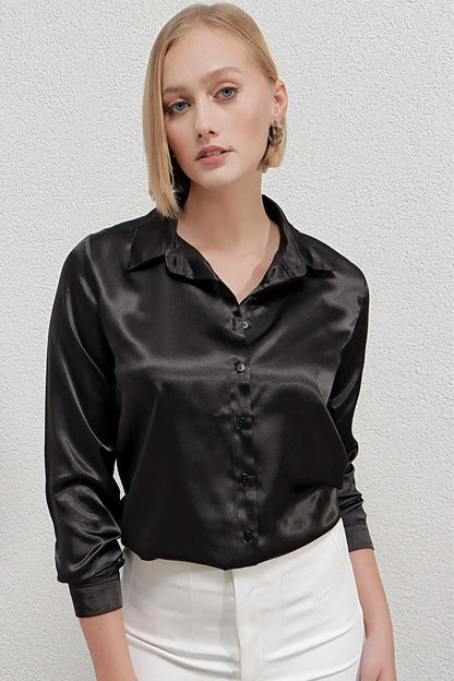 Women's Black Lightly Draped Satin Surface Shirt HZL22W-BD139641