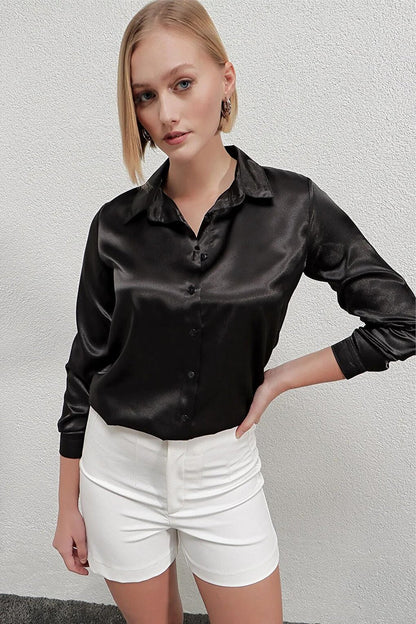 Women's Black Lightly Draped Satin Surface Shirt HZL22W-BD139641