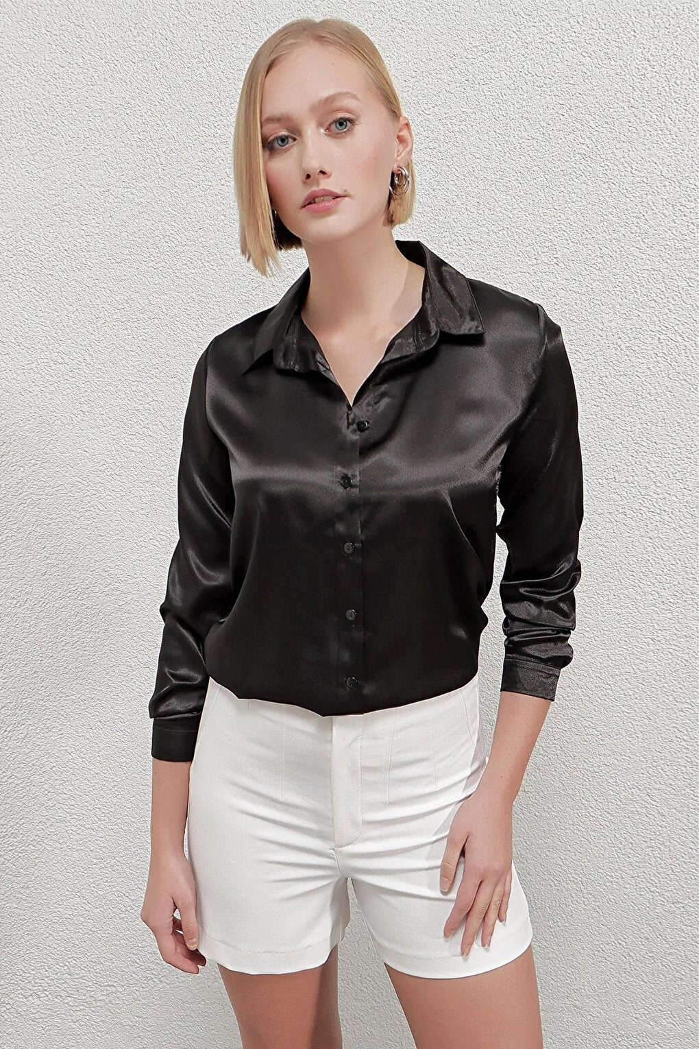 Women's Black Lightly Draped Satin Surface Shirt HZL22W-BD139641