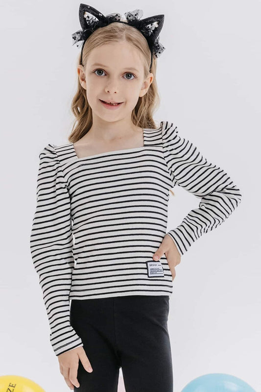 Girl's Crop Long Sleeve T-Shirt Striped Square Neck Ecru (8-14 Years)