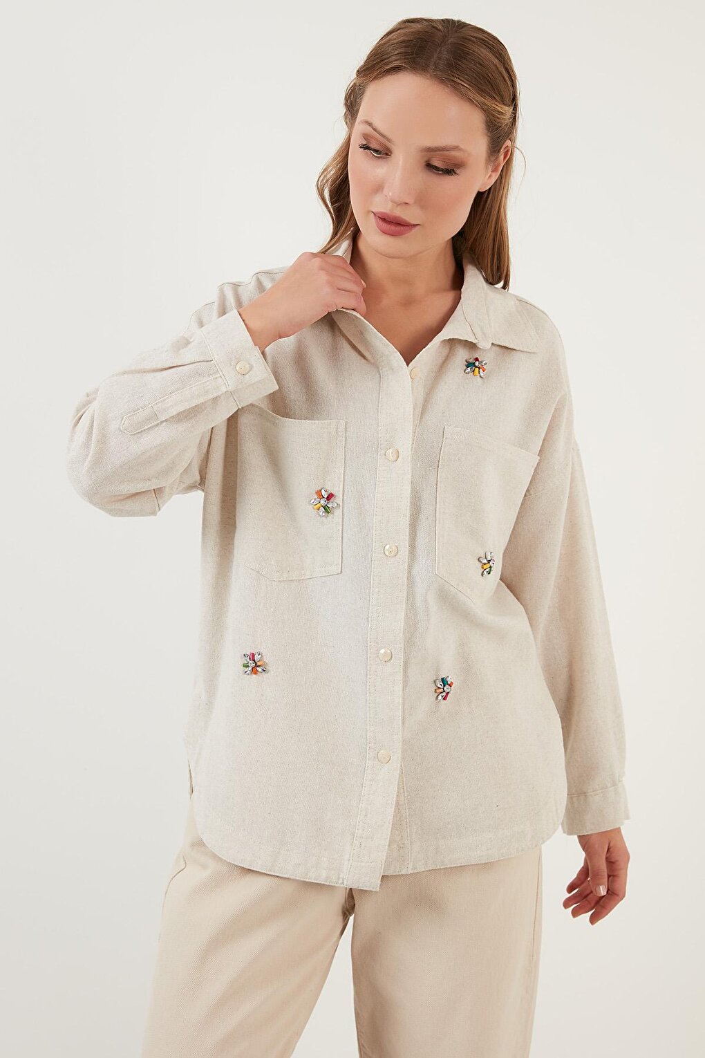 Cotton Shiny Stone Detailed Double Pocket Oversize Shirt 6230590