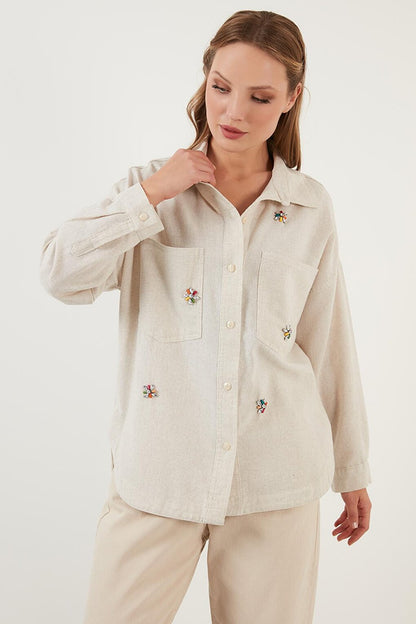 Cotton Shiny Stone Detailed Double Pocket Oversize Shirt 6230590