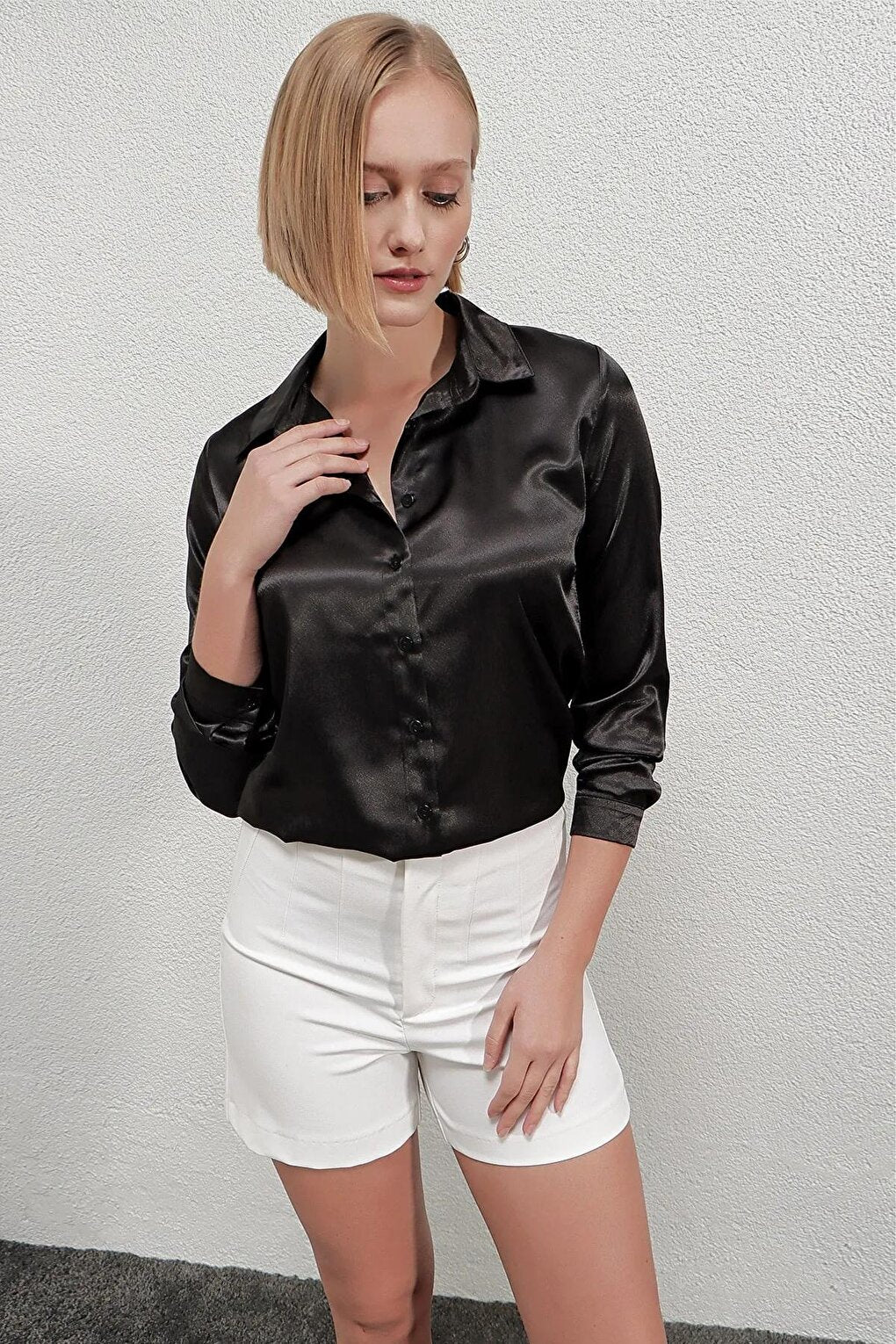 Women's Black Lightly Draped Satin Surface Shirt HZL22W-BD139641