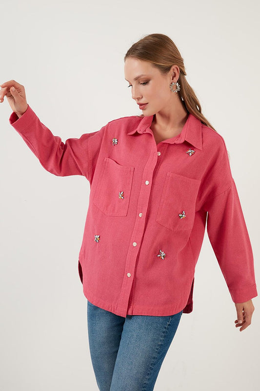 Cotton Shiny Stone Detailed Double Pocket Oversize Shirt 6230590