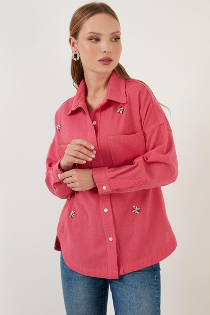 Cotton Shiny Stone Detailed Double Pocket Oversize Shirt 6230590