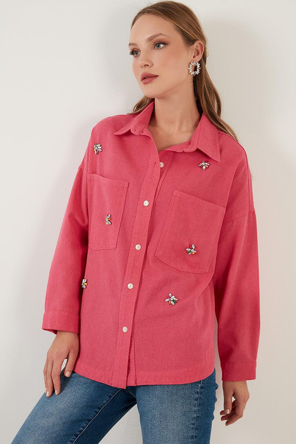 Cotton Shiny Stone Detailed Double Pocket Oversize Shirt 6230590