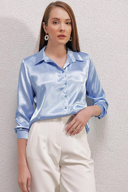 Women's Ice Blue Lightly Draped Satin Surface Shirt HZL22W-BD139641