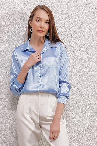 Women's Ice Blue Lightly Draped Satin Surface Shirt HZL22W-BD139641