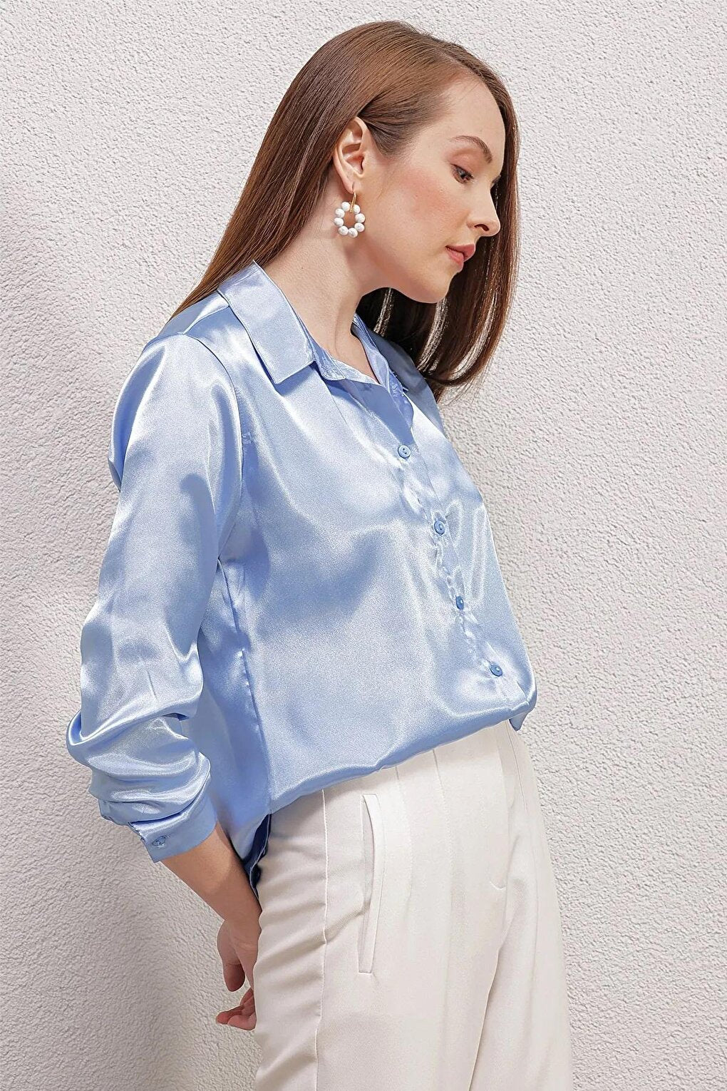 Women's Ice Blue Lightly Draped Satin Surface Shirt HZL22W-BD139641