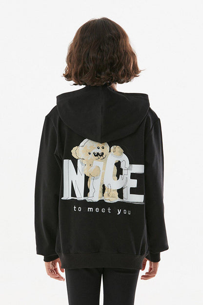 Teddy Bear Printed Hooded Girl's Sweatshirt