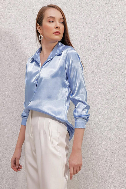 Women's Ice Blue Lightly Draped Satin Surface Shirt HZL22W-BD139641